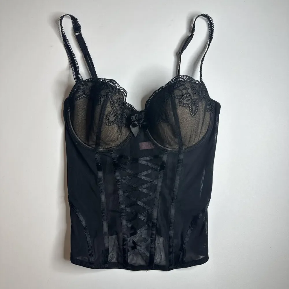 Vintage Victoria’s Secret Very Sexy Black Lace Bra Corset Bustier Underwire 36C